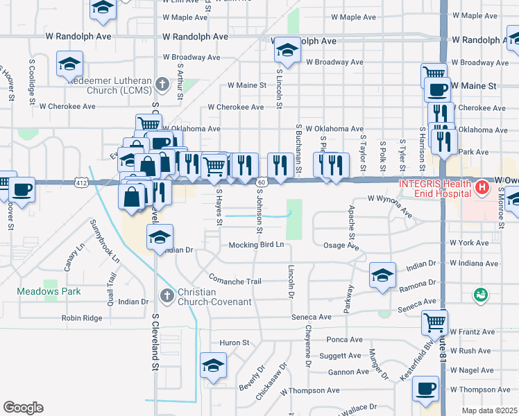 map of restaurants, bars, coffee shops, grocery stores, and more near 700 South Johnson Street in Enid