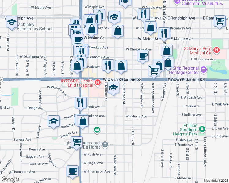 map of restaurants, bars, coffee shops, grocery stores, and more near 700 South Madison Street in Enid