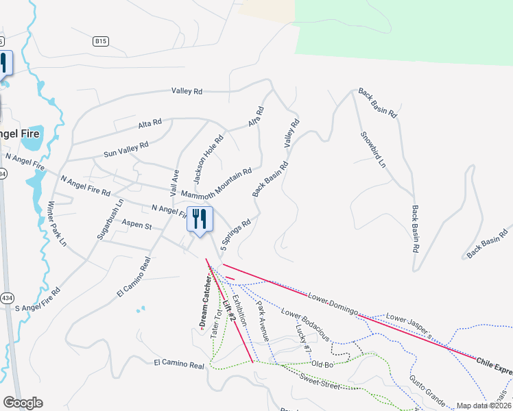 map of restaurants, bars, coffee shops, grocery stores, and more near 25 Back Basin Road in Angel Fire