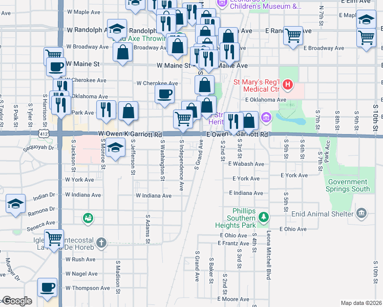 map of restaurants, bars, coffee shops, grocery stores, and more near 112 West State Avenue in Enid