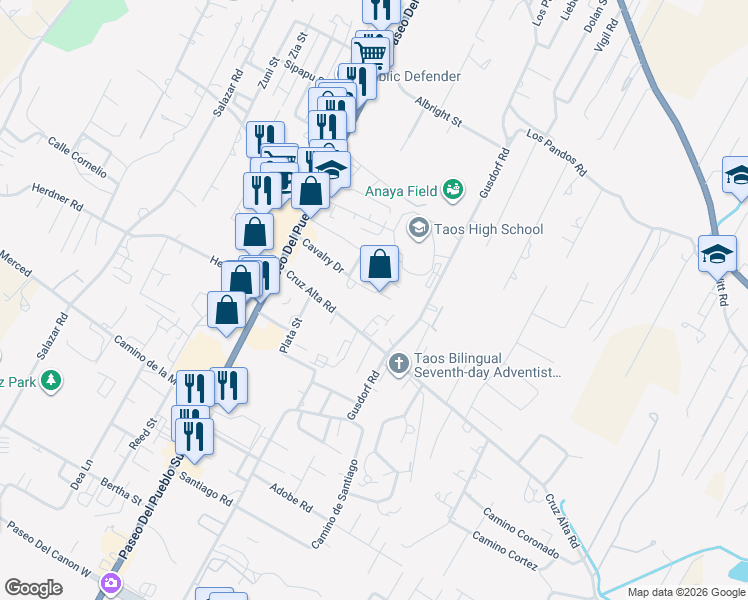 map of restaurants, bars, coffee shops, grocery stores, and more near Cavalry Drive in Taos