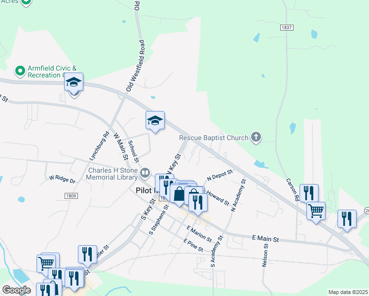 map of restaurants, bars, coffee shops, grocery stores, and more near 320 North Key Street in Pilot Mountain
