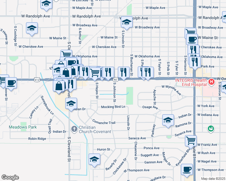 map of restaurants, bars, coffee shops, grocery stores, and more near 616 South Johnson Street in Enid