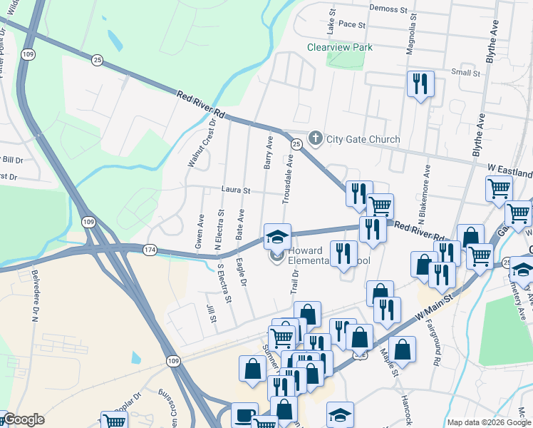 map of restaurants, bars, coffee shops, grocery stores, and more near 119 Barry Avenue in Gallatin