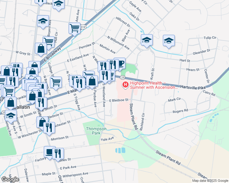 map of restaurants, bars, coffee shops, grocery stores, and more near 471 East Main Street in Gallatin