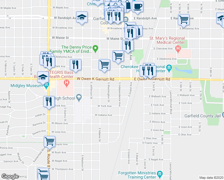 map of restaurants, bars, coffee shops, grocery stores, and more near 225 West State Avenue in Enid