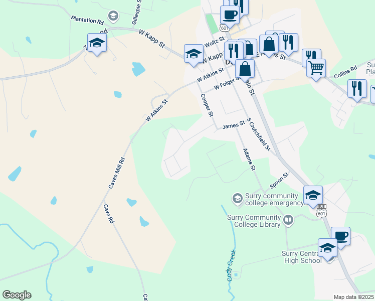 map of restaurants, bars, coffee shops, grocery stores, and more near 503 Blessing Drive in Dobson