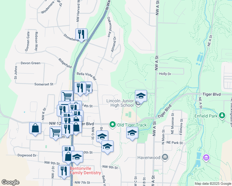 map of restaurants, bars, coffee shops, grocery stores, and more near 3 Iris Way in Bentonville