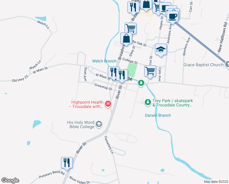 map of restaurants, bars, coffee shops, grocery stores, and more near Court Street in Hartsville
