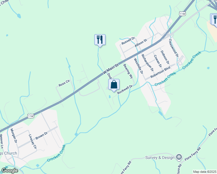 map of restaurants, bars, coffee shops, grocery stores, and more near 204-210 Dodge Drive in Rogersville