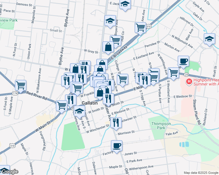 map of restaurants, bars, coffee shops, grocery stores, and more near 138 East Franklin Street in Gallatin