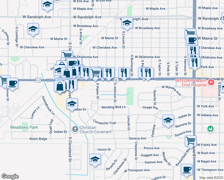 map of restaurants, bars, coffee shops, grocery stores, and more near 616 South Johnson Street in Enid