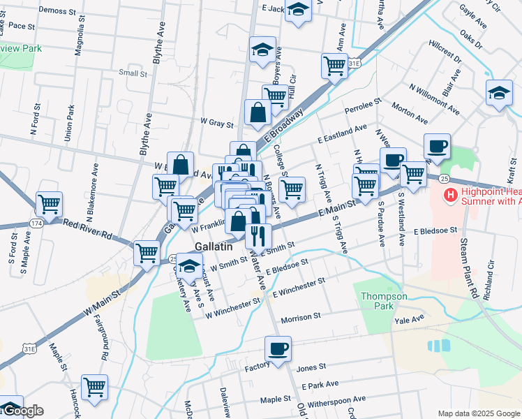 map of restaurants, bars, coffee shops, grocery stores, and more near 138 East Franklin Street in Gallatin