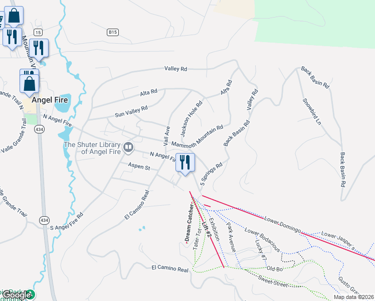 map of restaurants, bars, coffee shops, grocery stores, and more near 43 Mammoth Mountain Road in Angel Fire