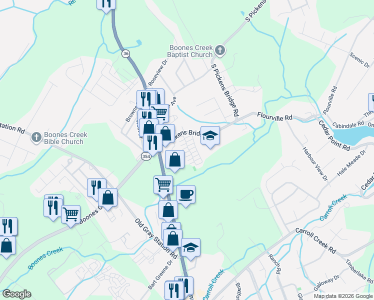 map of restaurants, bars, coffee shops, grocery stores, and more near 113 Bentley Parc in Johnson City