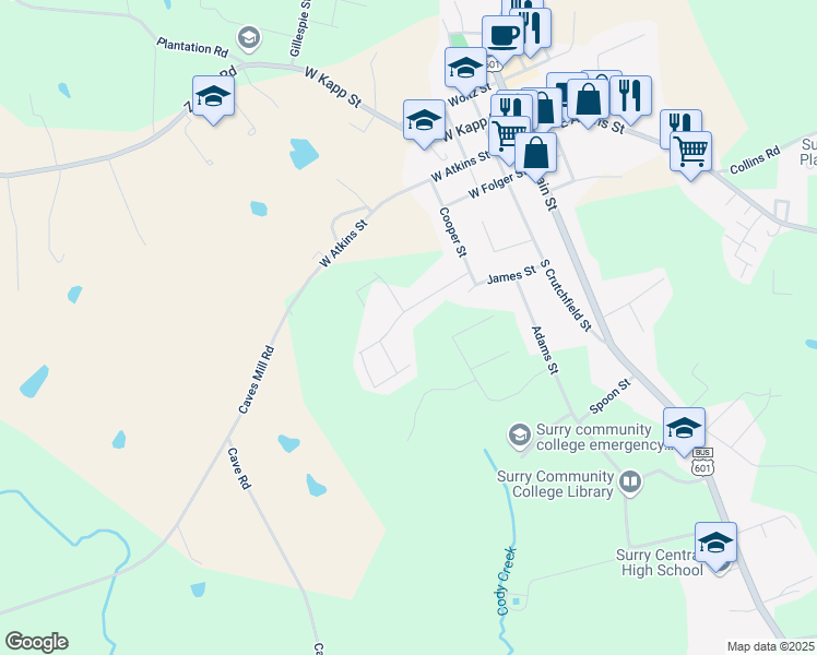 map of restaurants, bars, coffee shops, grocery stores, and more near 503 Blessing Drive in Dobson