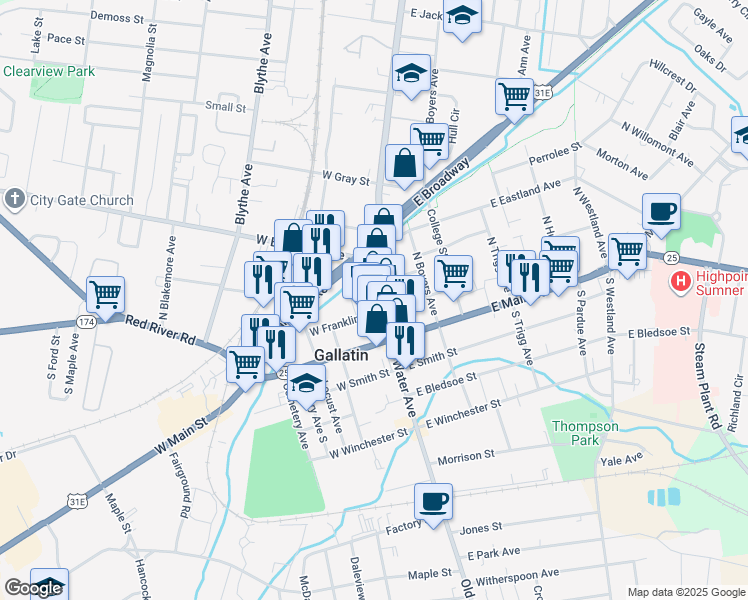 map of restaurants, bars, coffee shops, grocery stores, and more near 122 East Franklin Street in Gallatin
