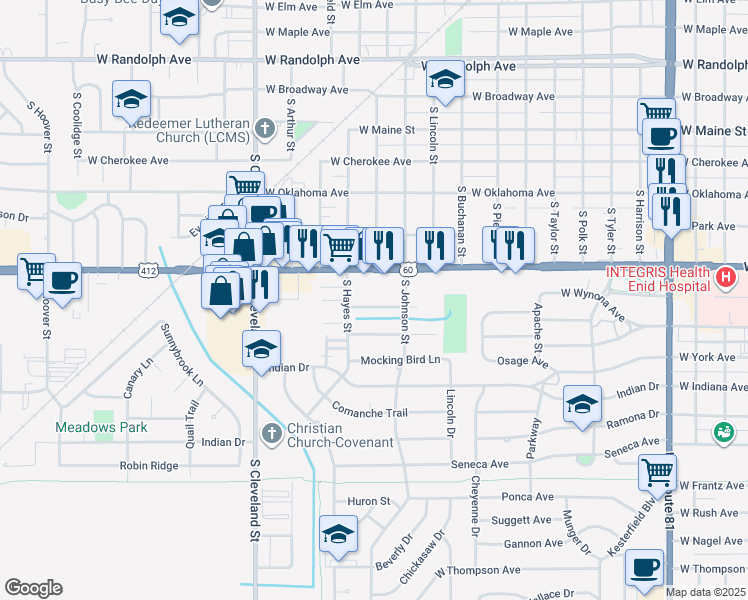 map of restaurants, bars, coffee shops, grocery stores, and more near 615 South Hayes Street in Enid