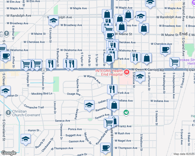 map of restaurants, bars, coffee shops, grocery stores, and more near 1120 West Wynona Avenue in Enid