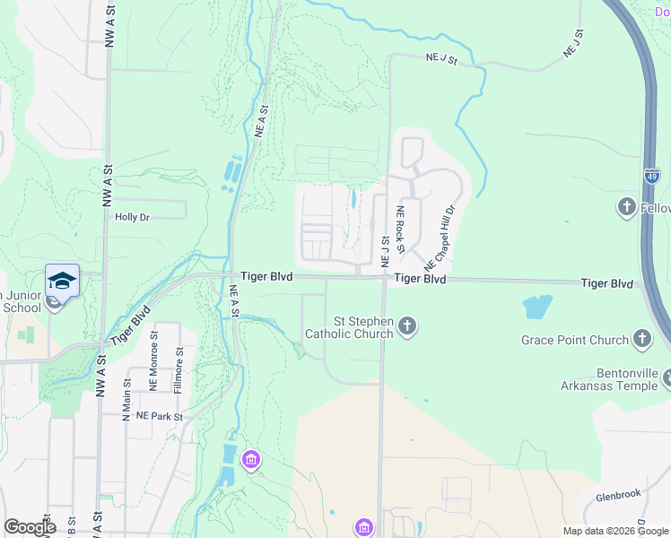map of restaurants, bars, coffee shops, grocery stores, and more near 1002 Northeast Carnahan Court in Bentonville