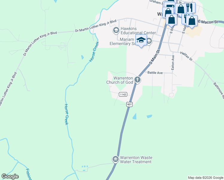 map of restaurants, bars, coffee shops, grocery stores, and more near 150 Dowtin Street in Warrenton