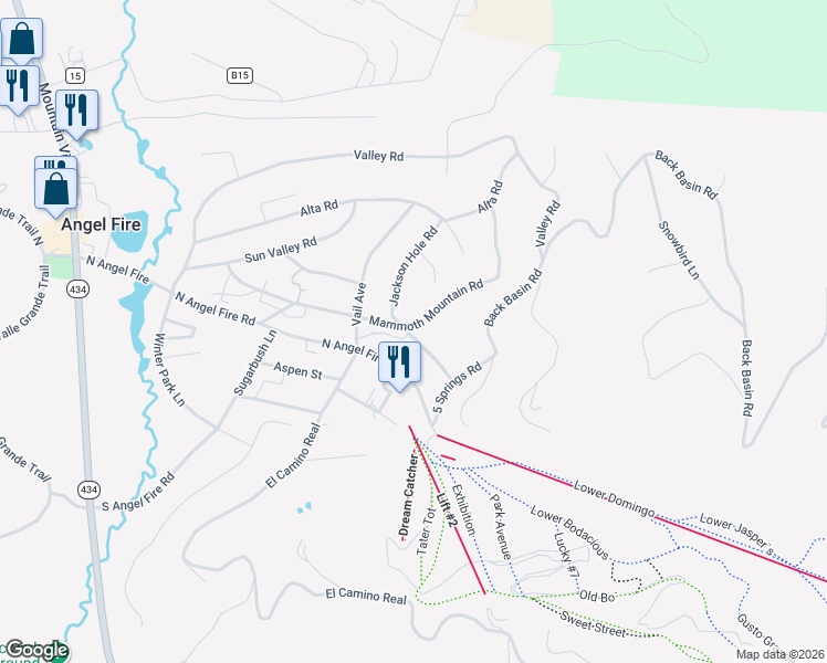 map of restaurants, bars, coffee shops, grocery stores, and more near 43 Mammoth Mountain Road in Angel Fire