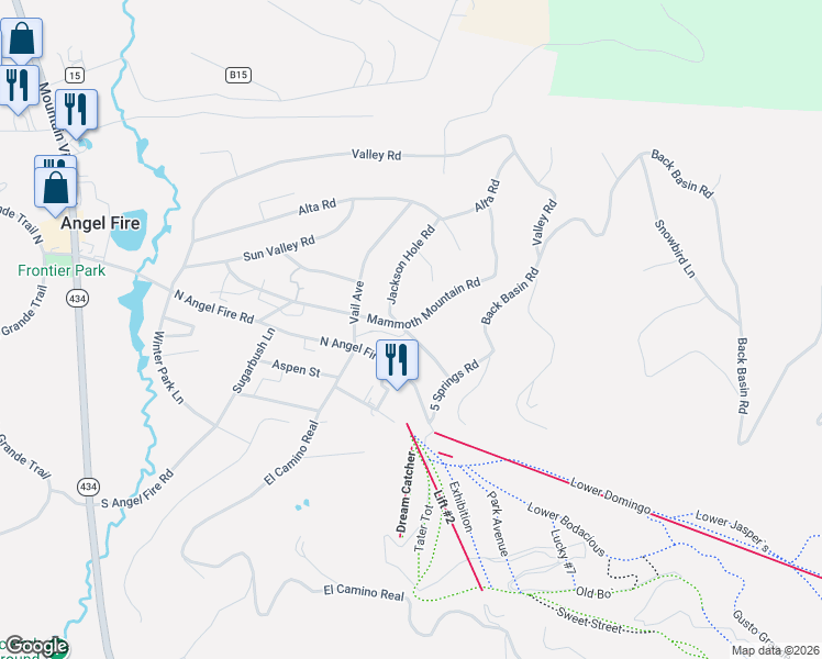 map of restaurants, bars, coffee shops, grocery stores, and more near 43 Mammoth Mountain Road in Angel Fire
