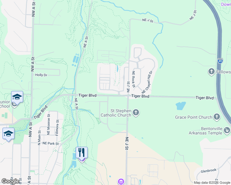 map of restaurants, bars, coffee shops, grocery stores, and more near 1002 Northeast Carnahan Court in Bentonville