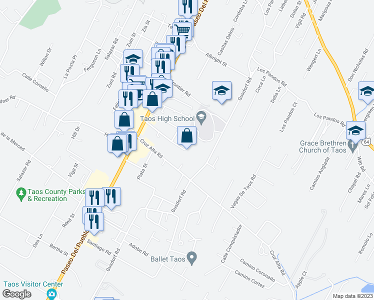 map of restaurants, bars, coffee shops, grocery stores, and more near 214-718 Cavalry Lane in Taos
