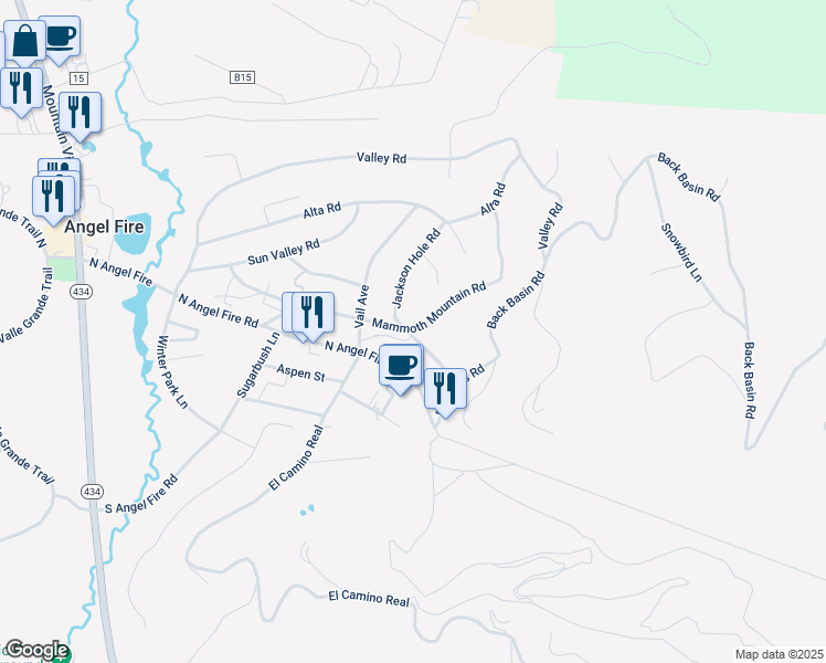 map of restaurants, bars, coffee shops, grocery stores, and more near 43 Mammoth Mountain Road in Angel Fire