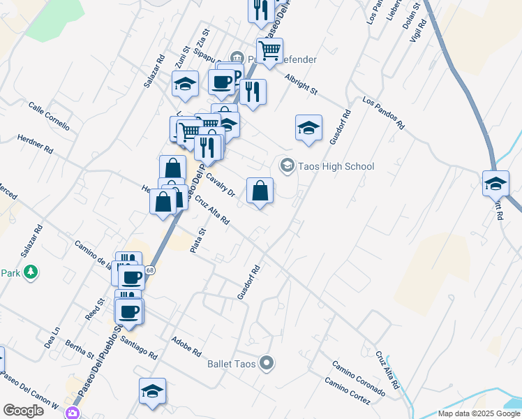 map of restaurants, bars, coffee shops, grocery stores, and more near 214-718 Cavalry Lane in Taos