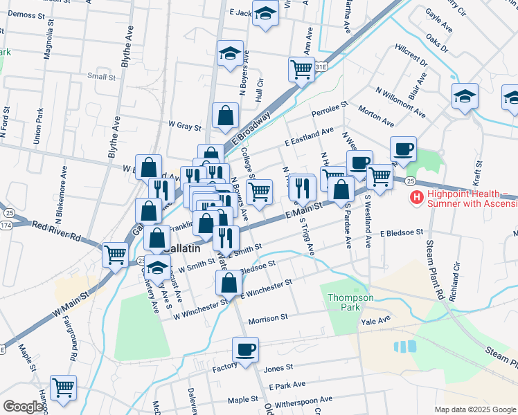 map of restaurants, bars, coffee shops, grocery stores, and more near 135 College Street in Gallatin