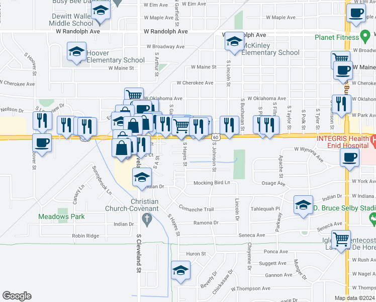 map of restaurants, bars, coffee shops, grocery stores, and more near 615 South Hayes Street in Enid