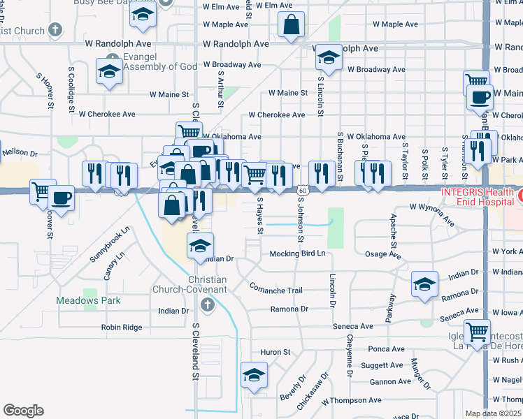 map of restaurants, bars, coffee shops, grocery stores, and more near 615 South Hayes Street in Enid
