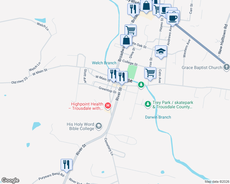map of restaurants, bars, coffee shops, grocery stores, and more near Court Street in Hartsville