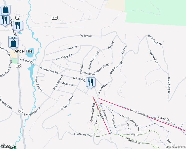 map of restaurants, bars, coffee shops, grocery stores, and more near 43 Mammoth Mountain Road in Angel Fire