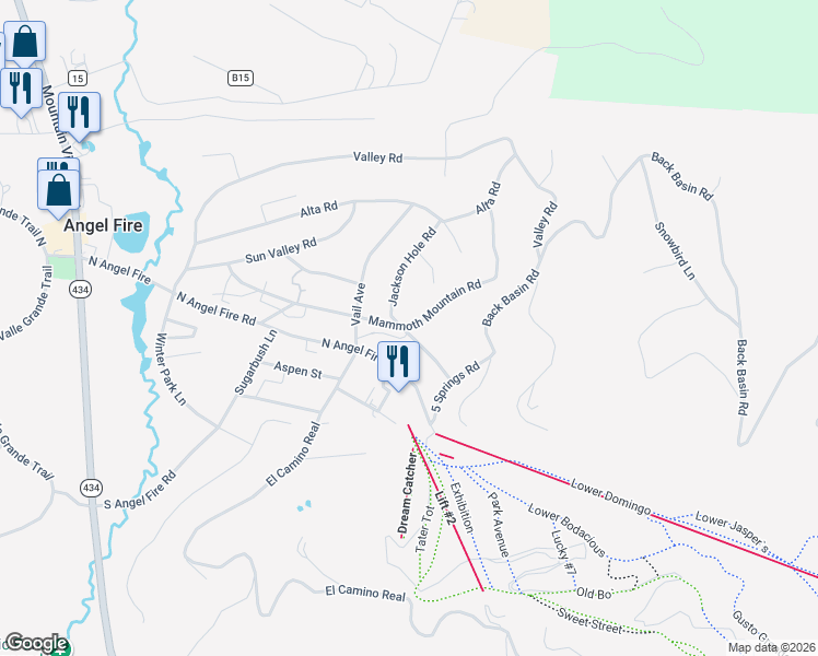 map of restaurants, bars, coffee shops, grocery stores, and more near 43 Mammoth Mountain Road in Angel Fire