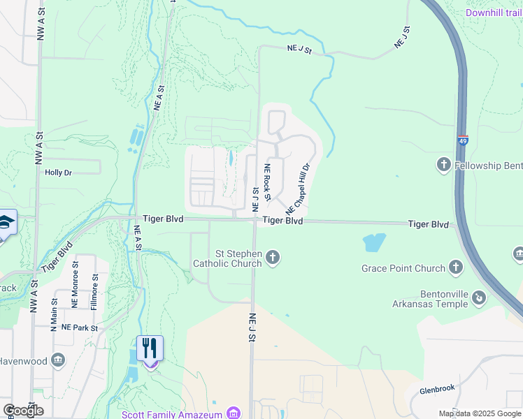 map of restaurants, bars, coffee shops, grocery stores, and more near 1501 Northeast Greenbrier Court in Bentonville