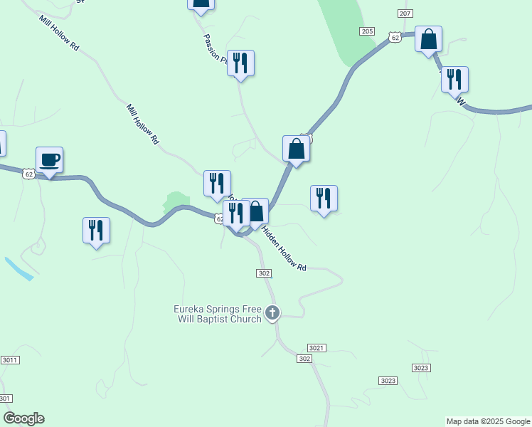 map of restaurants, bars, coffee shops, grocery stores, and more near 3185 East Van Buren in Eureka Springs