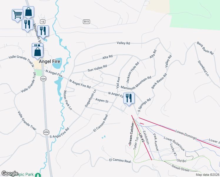 map of restaurants, bars, coffee shops, grocery stores, and more near 3 North Angel Fire Road in Angel Fire