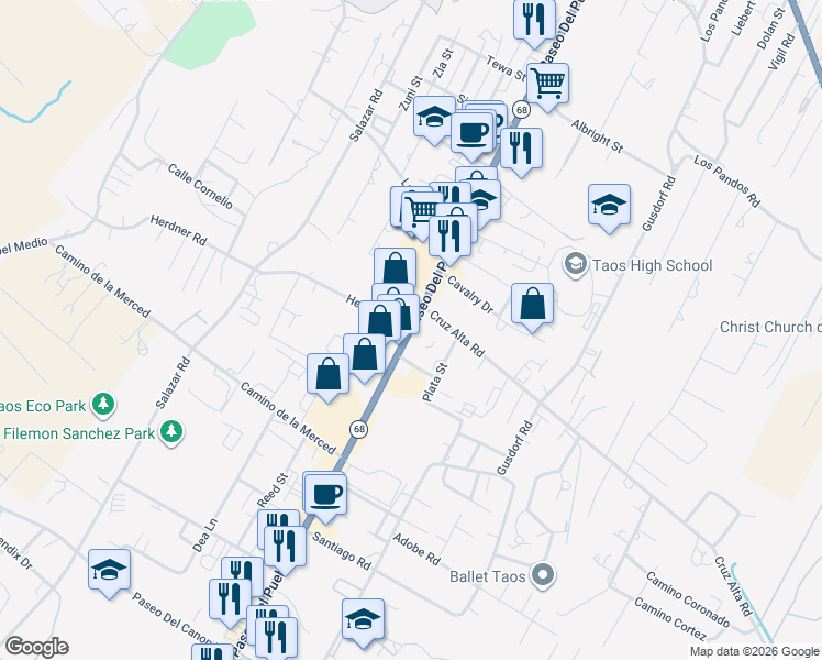 map of restaurants, bars, coffee shops, grocery stores, and more near 212 Herdner Road in Taos