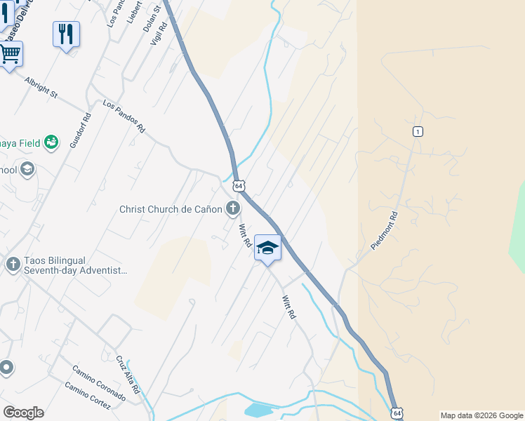 map of restaurants, bars, coffee shops, grocery stores, and more near 516 Rueben Lane in Taos