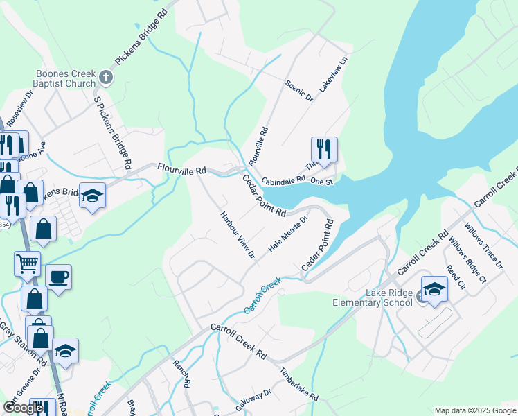 map of restaurants, bars, coffee shops, grocery stores, and more near 2 Gatewood Drive in Johnson City