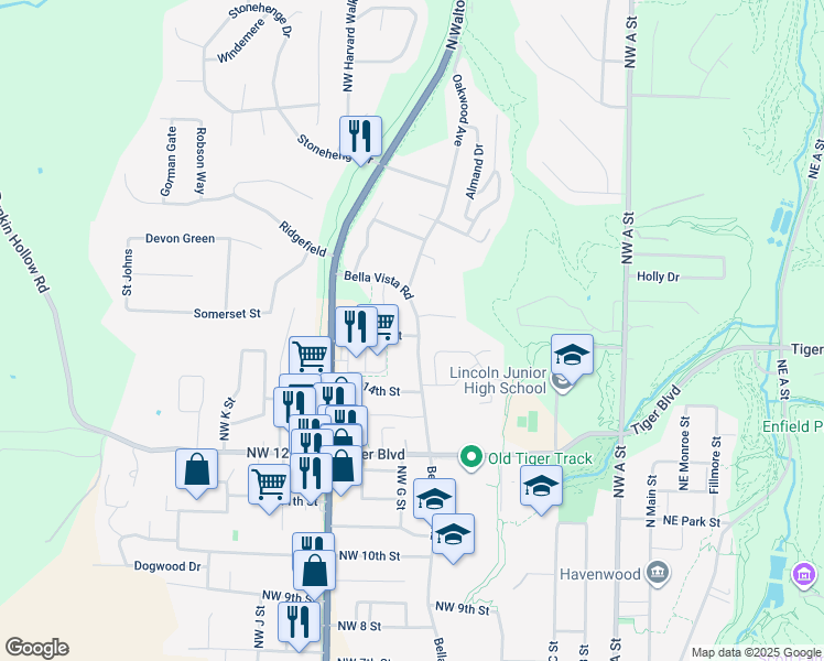 map of restaurants, bars, coffee shops, grocery stores, and more near 702 Northwest 15th Street in Bentonville