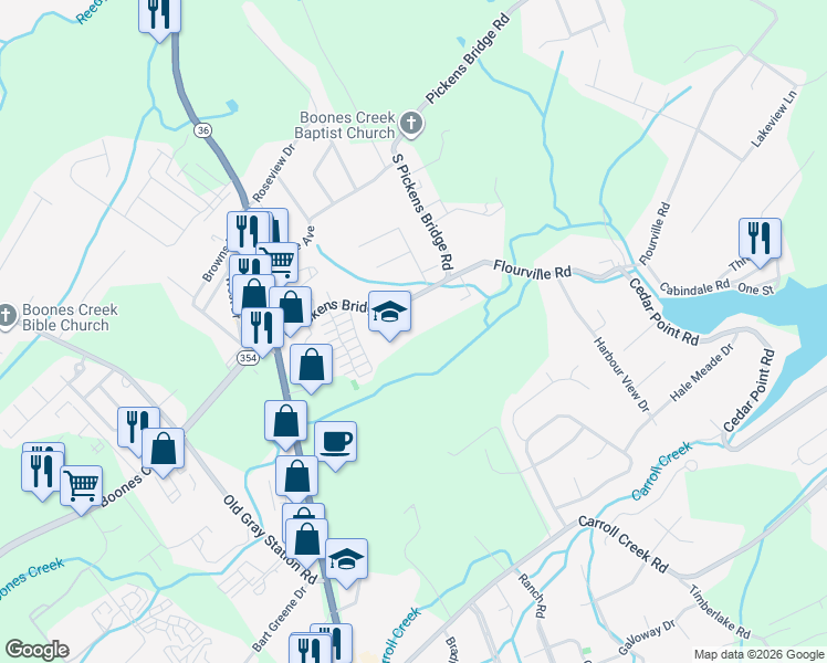 map of restaurants, bars, coffee shops, grocery stores, and more near 192 Pickens Bridge Road in Johnson City