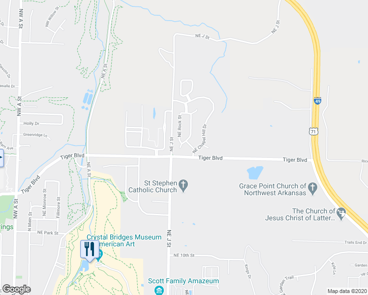 map of restaurants, bars, coffee shops, grocery stores, and more near 1506 Northeast Greenbrier Court in Bentonville