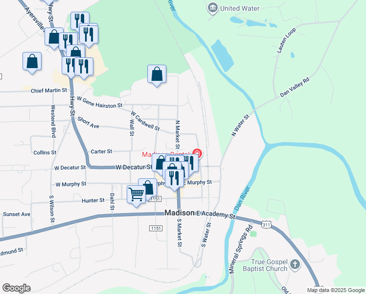 map of restaurants, bars, coffee shops, grocery stores, and more near 222 North Market Street in Madison