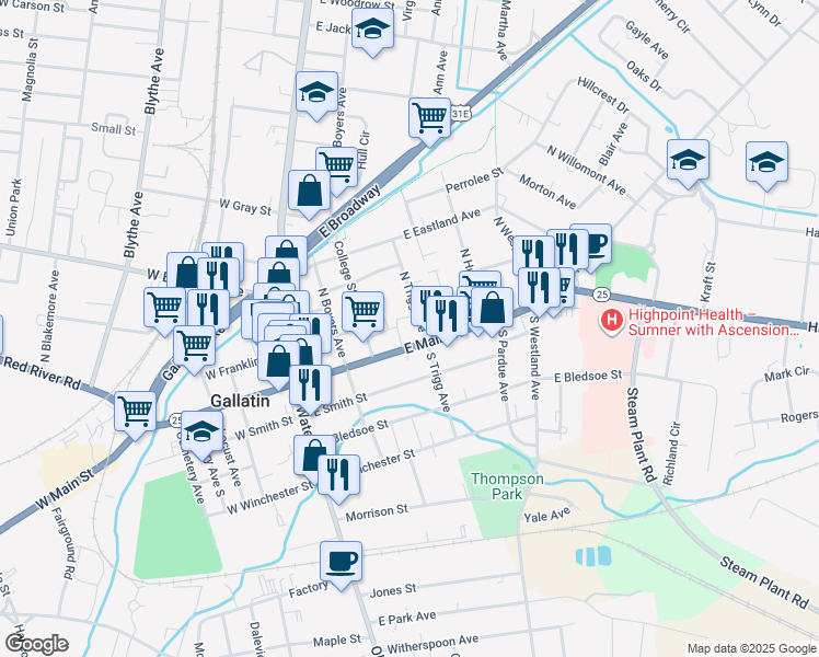 map of restaurants, bars, coffee shops, grocery stores, and more near 270 East Main Street in Gallatin