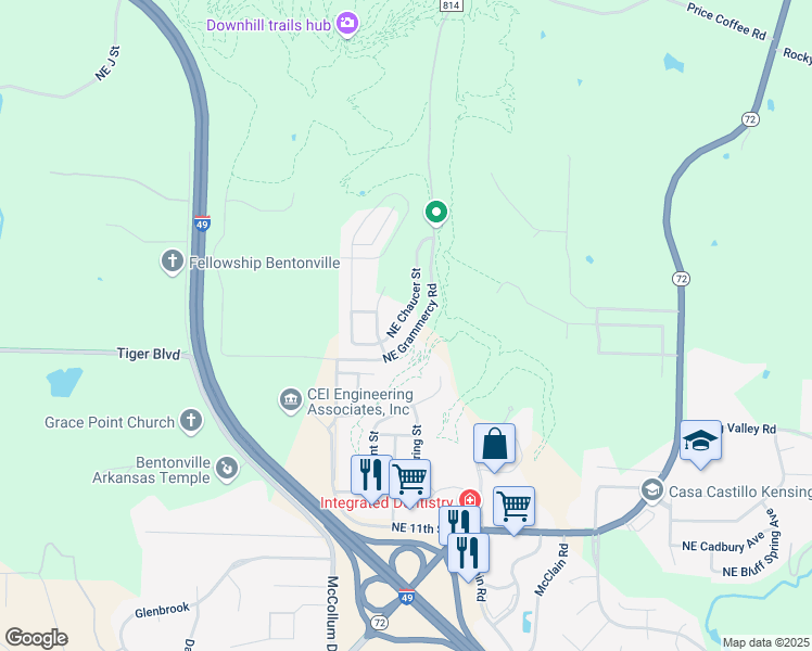 map of restaurants, bars, coffee shops, grocery stores, and more near 1808 Northeast Chaucer Street in Bentonville