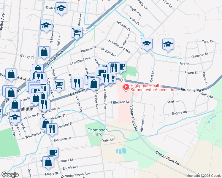 map of restaurants, bars, coffee shops, grocery stores, and more near 471 East Main Street in Gallatin